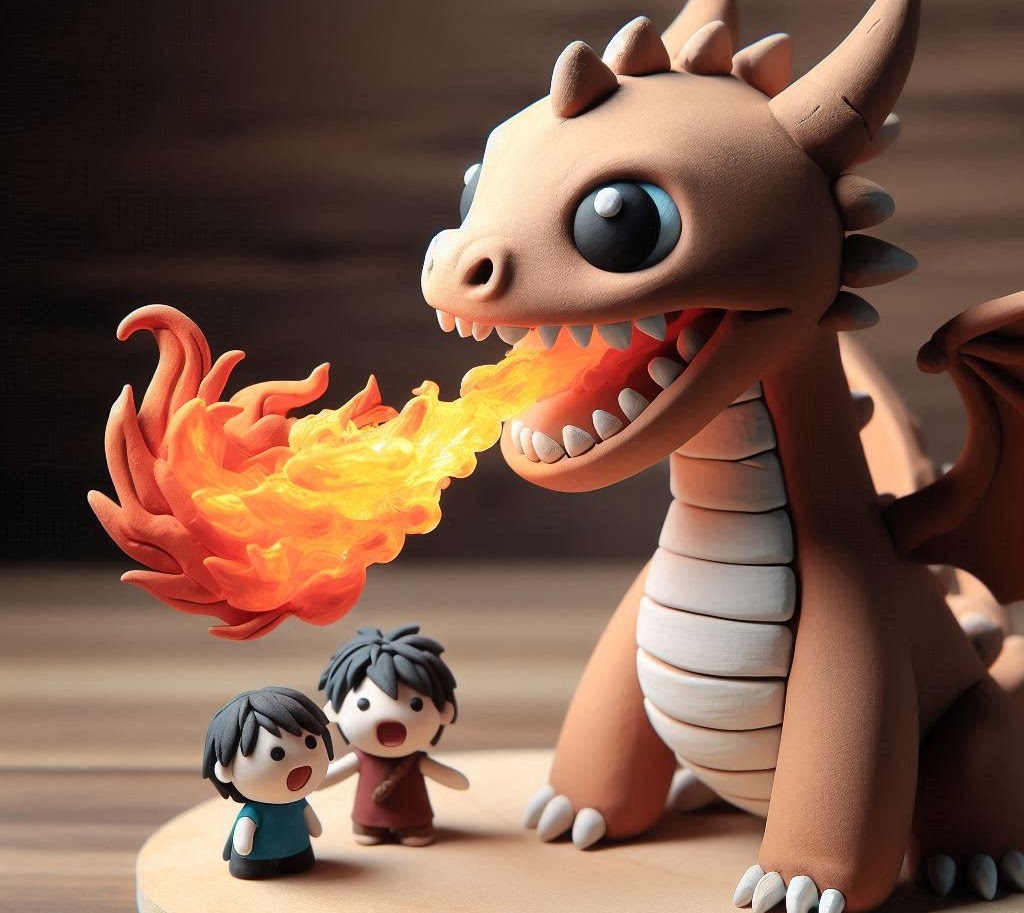 a cute clay dragon breathing fire at children