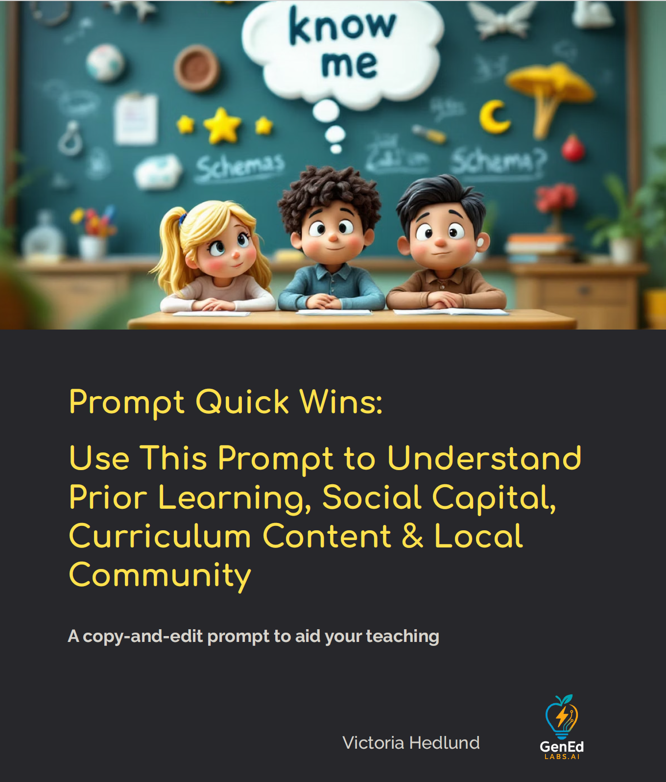 Prompt Quick wins cover with three diverse children sat at a desk looking thoughtful. One of them is thinking 'know me' with a thought bubble from his head